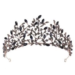 Baroque Retro Black Crystal Leaves Tiaras Crowns Princess Queen Pageant Prom Rhinestone Veil Tiara Wedding Hair Accessory