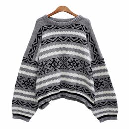 Women Sweater Knitted Pullovers Long Sleeve White Geometric O Neck Loose Winter Mori Girl Gray Khaki Oversize M0150 210514