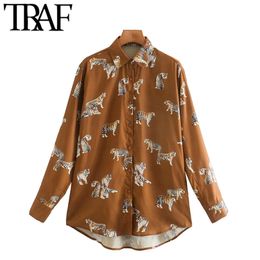 Women Fashion Animal Print Loose Blouses Vintage Long Sleeve Button-up Female Shirts Chic Tops 210507