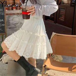 Ruffled Hollow Pleated Skirt White Thin Poncho Cake Mini Women Summer Korean Style High-Waisted Short For Student 210421