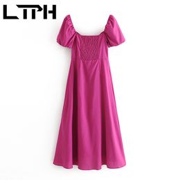 simple elegant long women dress sexy square collar puff sleeve vintage single-breasted midi dresses Spring Summer 210427