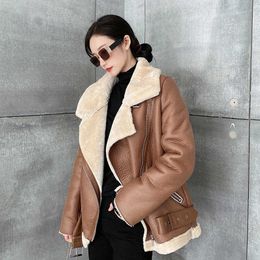 LY VAREY LIN Winter Women Warm Thick Outerwear Faux Lamb Leather Coat Moto Outwear Wool Parkas Fur Collar Zipper Jacket 210526