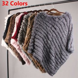 Real Rabbit Fur Knitted Rabbit Fur Poncho Vest Fashion Wrap Coat Shawl Lady Scarf Natural Fur Wedding Party Wholesale Cape 211019