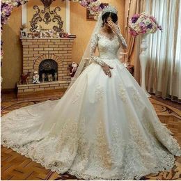 illusion Long Sleeves Gothic Ball Gown Wedding Dresses v neck ruched court train bridal vestidos de fiesta de noche largos elegantes Lace Applique Beads