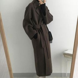 Długa designerska elegancka kurtka damska wełniana płaszcz z paskiem stały kolor szykowny elegancki jesień zima damski płaszcz 1o379 cZex ytpu