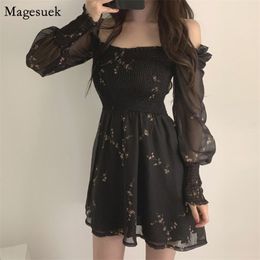 Sexy Off Shoulder Print Black Dress Women Summer Puff Sleeve Chiffon es Korean Vintage Casual Mini Vestidos 13676 210512