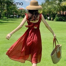 -Casual kleider kimotimo sommer vintage rot kleid 2021 berufung wenig kerl super fee dünne zurück spitze reise strand stil sexy designer