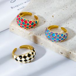 Fashion Women Colorful Grid Ring Trendy Punk Drip Oil Enamel Metal Gold Alloy Finger Rings Couple Jewelry