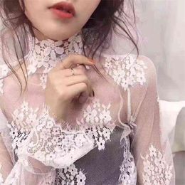 Lace Bottoming Shirt Women Spring Summer Horn Long-sleeved Mesh Gauze Thin Stand-up Collar Crocheted Hollow 210427