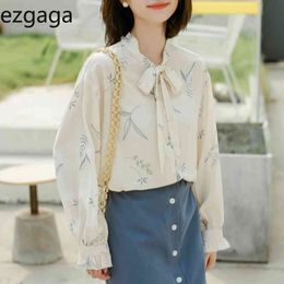 Ezgaga Elegant Blouse Women Lace Up Floral Printed Long Sleeve Spring Loose Korean Chic Office Lady Shirts Fashion Blusas 210430