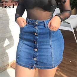 Liooil Cotton Denim Button Up High Waist Pencil Skirts Women With Pockets 2021 Autumn Streetwear Blue Sexy Bodycon Mini Skirt X0428