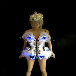 Party Decoration KS38 Dance Led Costumes Ballroom Dj Perform Dress Armor Outfits Female Glowing Clothe Crystal Bodysuit Lighted Headpiece