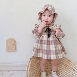 Baby Spring Autumn Clothing Newborn Infant Baby Girls Bodysuit Long Sleeve Jumpsuit Girls Plaid Dress With Hat 210413