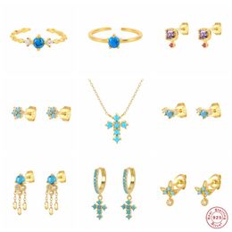 blue turquoise jewelry set Australia - Bracelet, Earrings & Necklace GS 925 Sterling Silver Blue Turquoise Collection Jewelry Set Cross Pendant Drop Round Zircon Charm Rings