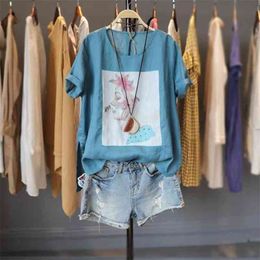 Arrival Summer Arts Style Women Loose Casual Short Sleeve O-neck T Shirt All-matched Split Design Cotton Linen T-shirt W143 210512