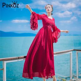 beach maxi dress red lace high waist casual daily elegant flare sleeve A-line up vintage vestidos 210421