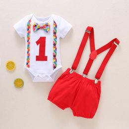 Clothing Sets 2Pcs Baby Boys Summer Clothes Gentleman Suits Short Sleeve Bowtie Romper Tops + Cartoon Suspender Overalls Outfits 0-18M