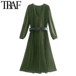 TRAF Women Chic Fashion With Belt Print Pleated Midi Dress Vintage Long Sleeve With Lining Female Dresses Vestidos 210415