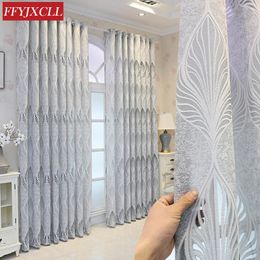 Curtain & Drapes Translucent And Opaque Gray Simple Modern Leaf Gauze Luxury Semi-blackout Curtains For Living Dining Room Bedroom