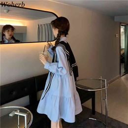 Salior Cape +long Sleeve Pleated Shirt Dress Women Casual 2 Piece Set Korean Chic Outfits Fashion Clothes Streetwear 210519