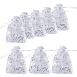 Gift Wrap Small Organza Sheer Favor Gift Bags Mini Silver Rattan Pattern Jewelry Pouches Drawstring For Wedding