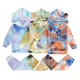 Autumn Winter Infant Baby Boys Girls Long Sleeve Hoodie Top + Pants Clothing Sets Kids Boy Girl Tie-dye Pleuche Clothes Suit 210521