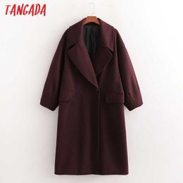 Tangada Women Winter Wine Red Thick Warm Woollen Coat Pockets Office Lady Outerwear Chic Long Overcoat 1D65 210609