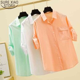 Korean Women White Short Sleeve Shirts Plus Size L-4XL Loose Blouses Summer Sun Protection Clothes Blusas Thin Tops 9978 210417