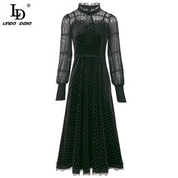 Fashion Designer Summer Gorgeous Party Dress Women's Luxury Lace Lantern Sleeve Polka Dots Velvet Midi 210522