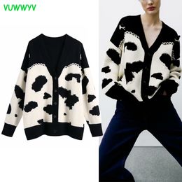 VUWWYV Black Animal Print Knitted Cardigan Sweater Women Spring Oversized Ribbed Woman Sweaters Long Sleeve Casual Coats 210430