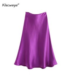 Kawaya Elegant Ladies Office Skirts Purple Satin Silk Women High Waisted Summer Midi Spring Female Long 210521