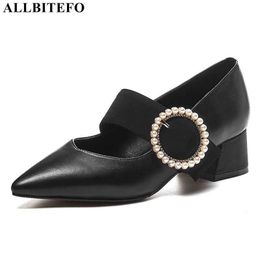ALLBITEFO size 34-42 string bead design genuine leather women heels shoes fashion sexy women high heel shoes kitten heels 210611