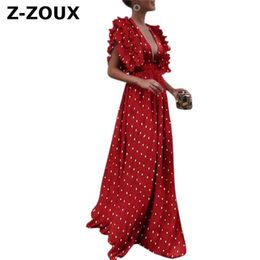 Women Dress Dot Print Maxi V Neck Short Sleeve Party es High Waist Backless Hollow Out Sexy Summer 210513