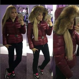 Women Big Real Raccoon Fur Hooded Down Coat Thick Warm Double Zipper Slim With Belt Jacket Waterproof Parkas Black/Wine Red Size 1234