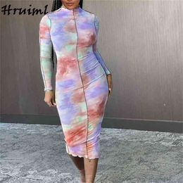 Elegant Woman Dress Tie Dye Print Autumn Long Sleeve Stand Collar Maxi Fashion Skinny Bodycon Office Lady 210513