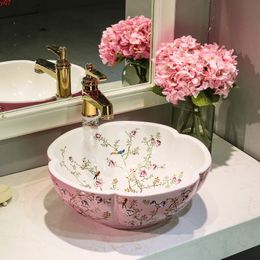 Flower and bird pink Colour Bathroom Lavabo Ceramic Counter Top Wash Basin Cloakroom Porcelain Vessel Sink wash basin sinkgood qty