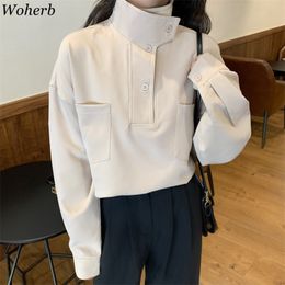 Casual Stand Collar Korean Blouse Women Vintage Loose Elegant Shirts Fashion Oversized Pocket Long Sleeve Solid Tops 210519