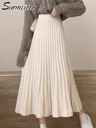 SURMIITRO Fashion Autumn Winter Warm Knitted Midi Long Pleated Skirt Women Korean Style Mid-Length High Waist Skirt Female 211120