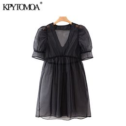 Women Sexy Fashion Transparent Organza Pleated Mini Dress V Neck Short Sleeve Female Dresses Vestidos 210420