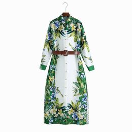 Vintage Women Floral Dress Spring Fashion Modern Lady Long Sleeve Belt Dresses 210602