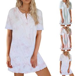 Summer Women Homewear Short Sleeve Pullovers O-Neck Mini Dress Buttons Design Female Pyjama Fashion Tie-Dye Loose Night Skirt 210528