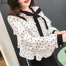 Kimutomo Bow Polka Dot Chiffon Blouse Shirt Women Spring Fashion Chic Ladies Elegant Bowknot Lace Up Long Sleeve Tops 210521