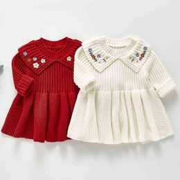 Spring Autumn Toddler Baby Girls Flower Embroidery Lovely Princess Knitting Dress Kids Party Dresses Children Clothing G1129