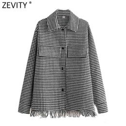 Women Vintage Trimming Tassel Decoration Houndstooth Shirt Coat Female Long Sleeve Casual Outwear Jackets Chic Tops CT674 210416