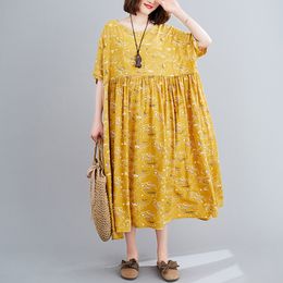 Johnature Women Yellow Print Floral Dresses O-Neck Half Sleeve High Waist Robes Autumn Cotton Blend Korean Style Dress 210521