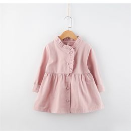 Girl Windbreaker Autumn Korea Long Sleeve Lapel Jacket Children Mid Length Trench Coat Outerwear Clothes 210528