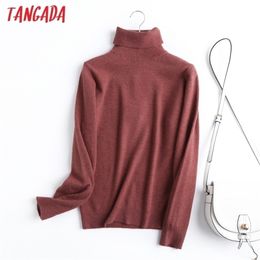 Tangada Chic Women 100% Wool Turtleneck Sweater Vintage Office Ladies Thin Knitted Jumper Tops 6D06 211215
