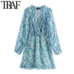 TRAF Women Chic Fashion Floral Print Ruffled Chiffon Mini Dress Vintage V Neck Long Sleeve Female Dresses Vestidos 210415