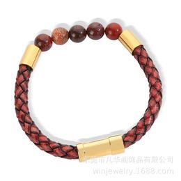 Men's stainless steel beads magnetic buckle leather rope bracelet Personalised fashion Beaded hand ornaments Men's Bracelet