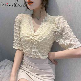 Summer Lace Solid T-shirt Women Casual Polyester Short Sleeve Tee-Shirts Slim Female Tops Fashion S-3XL T04711B 210421